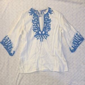 Tashia London White 3/4 Sleeve Blouse with Blue Sequin Coral Detailing
